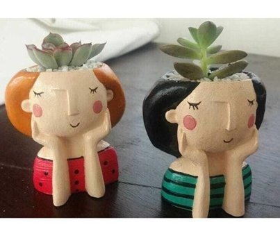 Florada El Yapımı Sevimli Kızlar 2 Adet Sukulent Saksı