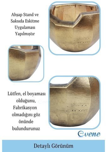 Evene Ahşap Ayaklı Beton Büyük Boy Önü Açık Model Saksı Altın Eskitme