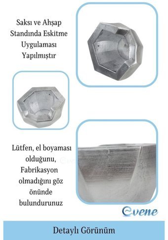 Evene Ahşap Ayaklı Beton Büyük Boy Önü Açık Model Saksı Gümüş Eskitme