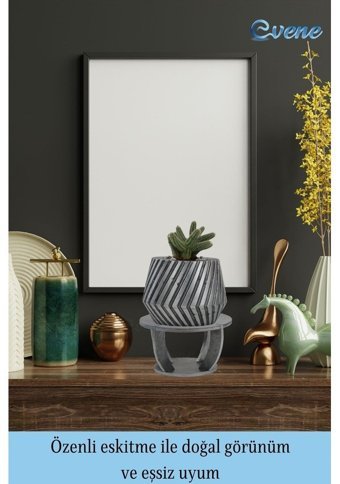 Evene Ahşap Ayaklı Beton Büyük Boy Dişli Model Saksı Gümüş Eskitme