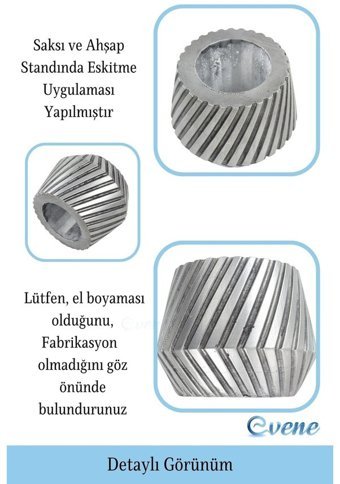 Evene Ahşap Ayaklı Beton Büyük Boy Dişli Model Saksı Gümüş Eskitme