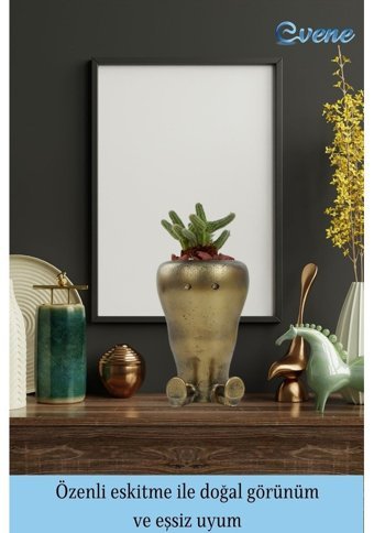 Evene Ahşap Ayaklı Beton 2 Adet Büyük Boy Set Havuç Model Saksı Altın Eskitme
