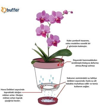 Buffer Plastik 23 lt Kapasiteli Alt Tabaklı Orkide Çiçek Saksı Beyaz
