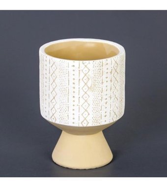 Euro Flora Motifli Yuvarlak Beton Saksı Krem