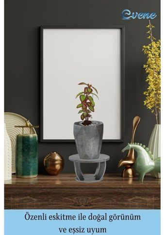 Evene Ahşap Ayaklı Beton Büyük Boy Uzun Poly Model Saksı Gümüş Eskitme