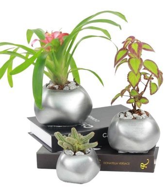 Evene Büyük Boy 3 Adet Spiral Oval Model Saksı Gümüş Eskitme