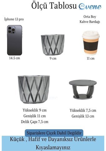 Evene Ahşap Ayaklı Beton Dekoratif Baklava Model Saksı Gümüş Eskitme