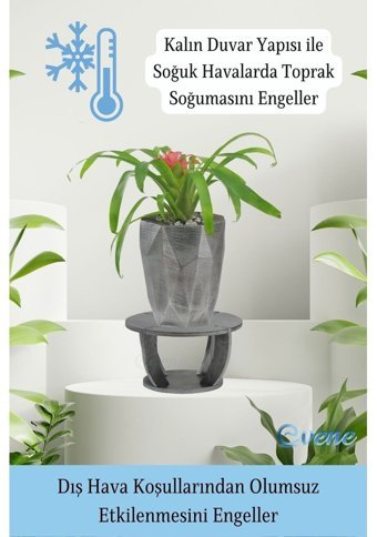 Evene Ahşap Ayaklı Beton Dekoratif Uzun Poly Model Saksı Gümüş Eskitme