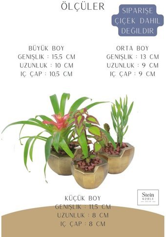 Evene Büyük Boy 3 Adet Önü Açık Model Saksı Altın Eskitme