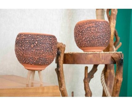 Biev Toprak Ahşap Ayaklı Püskürtme Model Terracota İkili Saksı Çok Renkli