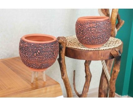 Biev Toprak Ahşap Ayaklı Püskürtme Model Terracota İkili Saksı Çok Renkli