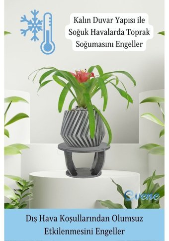 Evene Ahşap Ayaklı Beton Dekoratif Dişli Model Saksı Gümüş Eskitme