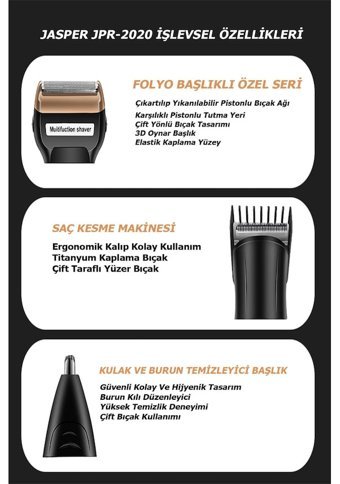 Jasper 2020 Saç Sakal 3 Başlıklı Kuru Kablosuz Tıraş Makinesi