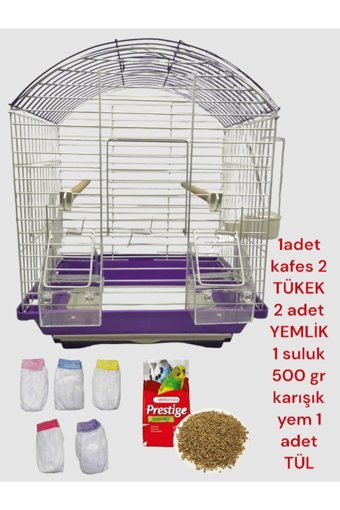 Nimet Petshop Çatılı Ayaklı Dikdörtgen Krom Muhabbet Kuşu Kafesi Beyaz - Mor