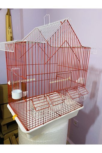 Güvenilir Petshop 6660 Çatılı Dikdörtgen Krom Papağan Kafesi Beyaz - Kırmızı