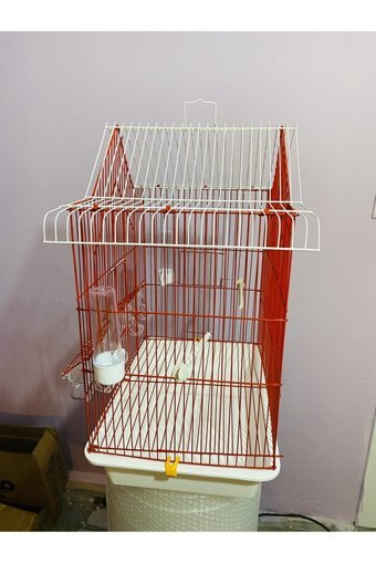 Güvenilir Petshop 6660 Çatılı Dikdörtgen Krom Papağan Kafesi Beyaz - Kırmızı