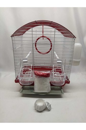 Islandtoys Çatılı Ayaklı Dikdörtgen Krom Muhabbet Kuşu Kafesi Beyaz - Kırmızı