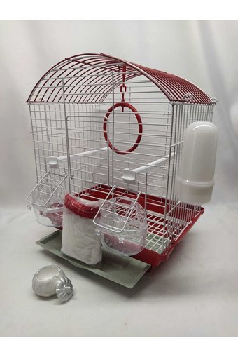 Islandtoys Çatılı Ayaklı Dikdörtgen Krom Muhabbet Kuşu Kafesi Beyaz - Kırmızı