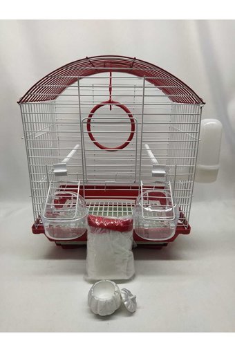 Islandtoys Çatılı Ayaklı Dikdörtgen Krom Muhabbet Kuşu Kafesi Beyaz - Kırmızı
