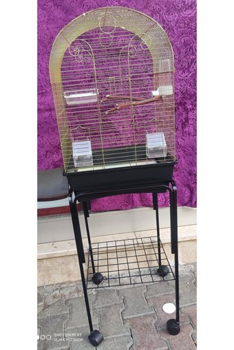 Hüma Petshop Çatılı Ayaklı Dikdörtgen Krom Papağan Kafesi Siyah - Sarı