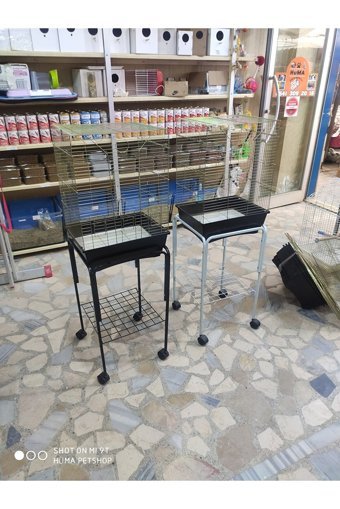 Hüma Petshop Çatılı Ayaklı Dikdörtgen Krom Papağan Kafesi Siyah - Sarı