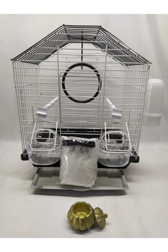 Islandtoys Çatılı Ayaklı Dikdörtgen Krom Muhabbet Kuşu Kafesi Beyaz - Siyah