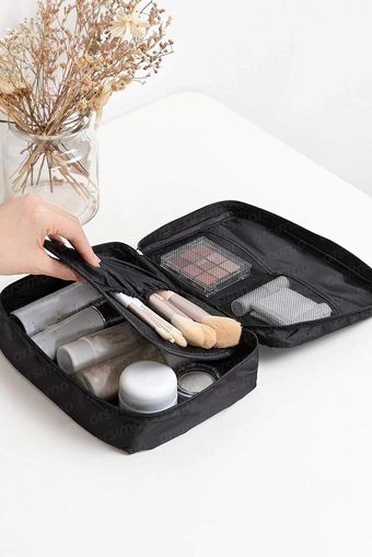 Homelife Bölmeli Siyah Düz Kumaş Orta Boy Çok Gözlü Seyahat Makyaj Çantası