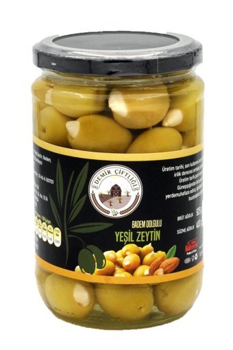 Demir Çiftliği Çekirdeksiz Salamura Bademli Yeşil Zeytin Kavanoz 400 gr