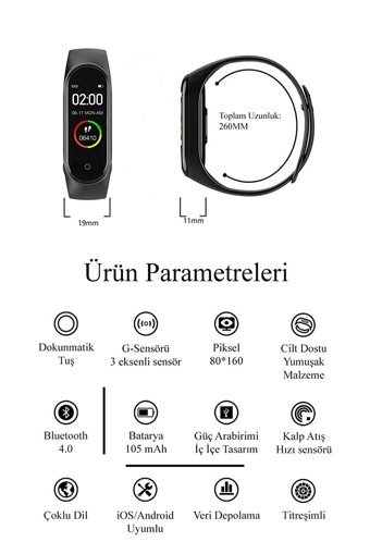 Ekalitem M4 Adımsayar Su Geçirmez Android-iOS Dokunmatik Akıllı Bileklik Siyah