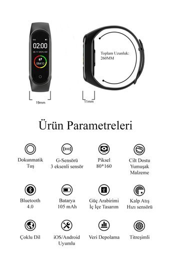 Trk Tech M8 Adımsayar Su Geçirmez Android-iOS Dokunmatik Akıllı Bileklik Siyah
