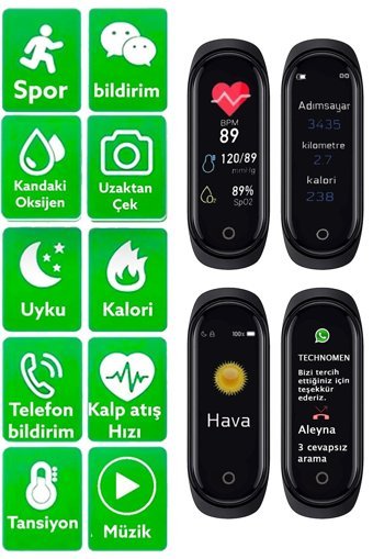 Technomen M4 Adımsayar Su Geçirmez Android-iOS Dokunmatik Akıllı Bileklik Siyah