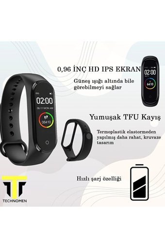 Technomen M4 Adımsayar Su Geçirmez Android-iOS Dokunmatik Akıllı Bileklik Siyah