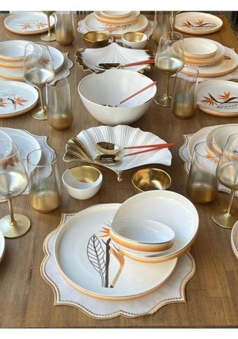 Sembol Starlice 24 Parça 6 Kişilik Desenli Bone China Porselen Yuvarlak Yemek Takımı