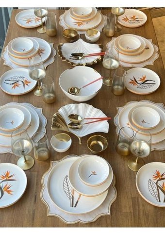 Sembol Starlice 24 Parça 6 Kişilik Desenli Bone China Porselen Yuvarlak Yemek Takımı