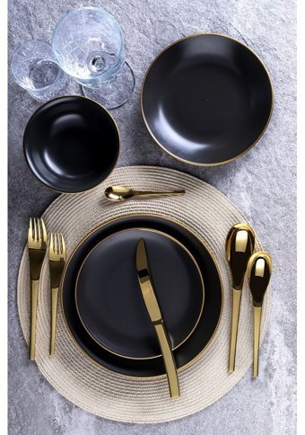 Neva Saten Black Gold 24 Parça 6 Kişilik Porselen Yuvarlak Yemek Takımı