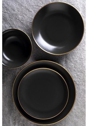 Neva Saten Black Gold 24 Parça 6 Kişilik Porselen Yuvarlak Yemek Takımı