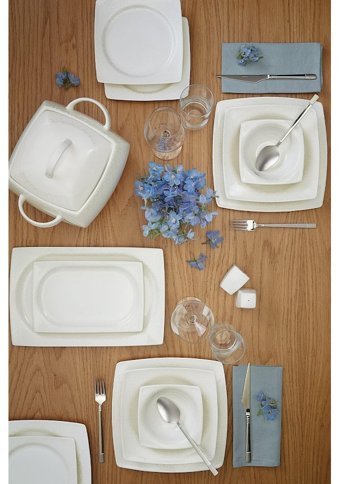 Emsan Ela 60 Parça 12 Kişilik Bone China Porselen Kare Yemek Takımı