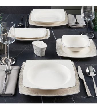 Güral Porselen Carolıne 54 Parça 12 Kişilik Bone China Porselen Kare Yemek Takımı