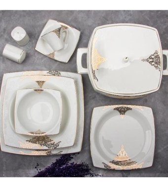 Aryıldız 31023 60 Parça 12 Kişilik Bone China Porselen Kare Yemek Takımı