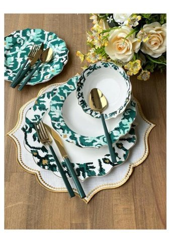 Pink & More Ikat Green 24 Parça 6 Kişilik Porselen Yuvarlak Yemek Takımı