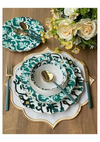Pink & More Ikat Green 24 Parça 6 Kişilik Porselen Yuvarlak Yemek Takımı