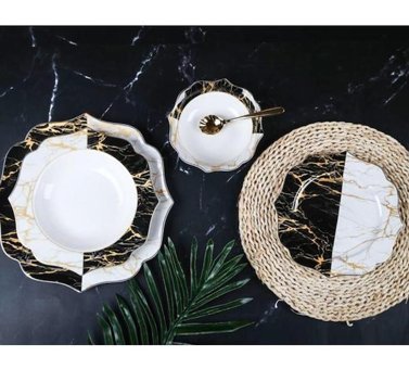 Zücev Marbel 24 Parça 6 Kişilik Bone China Porselen Yuvarlak Yemek Takımı