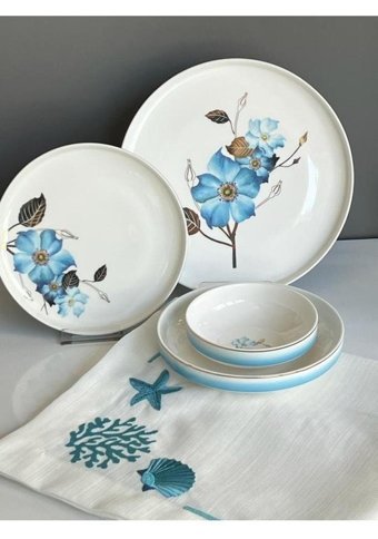 Sembol 24 Parça 6 Kişilik Desenli Bone China Porselen Yuvarlak Yemek Takımı