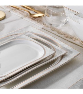 Schafer Glamor Elegant 60 Parça 12 Kişilik Bone China Porselen Kare Yemek Takımı