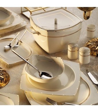 Aryıldız Bone Square Gold 60 Parça 12 Kişilik Bone China Porselen Kare Yemek Takımı