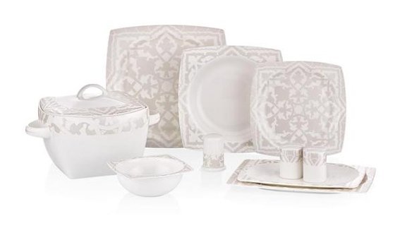 Neva Bitter Aşikar 60 Parça 12 Kişilik Bone China Porselen Kare Yemek Takımı
