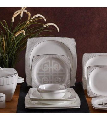 Neva Bitter Aşikar 60 Parça 12 Kişilik Bone China Porselen Kare Yemek Takımı