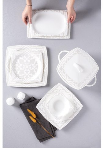 Neva Bitter Aşikar 60 Parça 12 Kişilik Bone China Porselen Kare Yemek Takımı