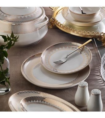 Aryıldız Bone Umbrella Line Gold 60 Parça 12 Kişilik Bone China Porselen Yuvarlak Yemek Takımı