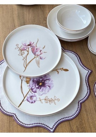 Rossev Violet 38 Parça 6 Kişilik Porselen Yuvarlak Yemek Takımı